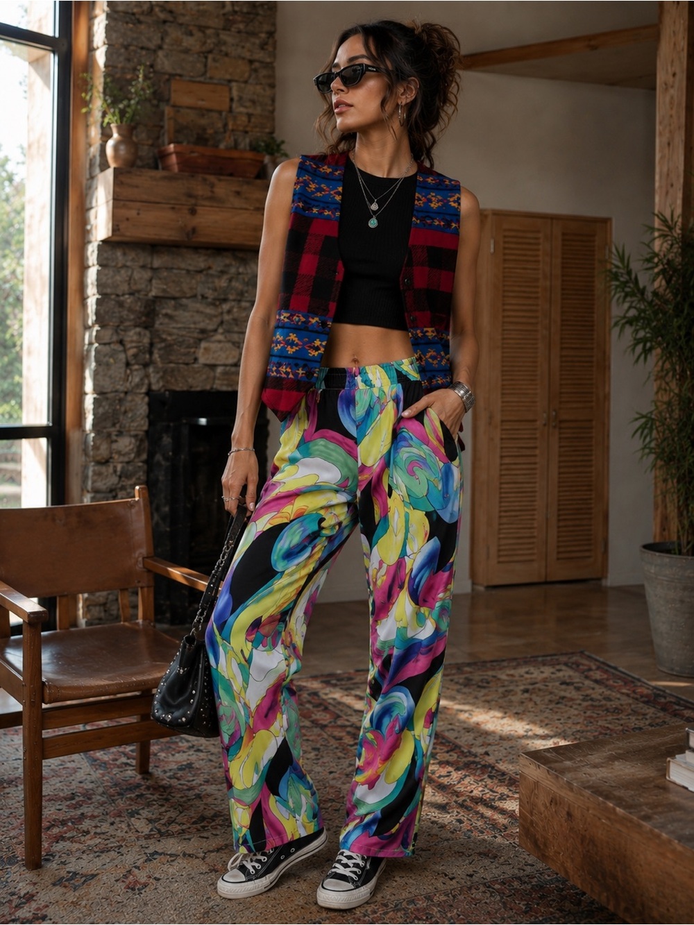 Colorful Abstract Print straight Wide-Leg Pants